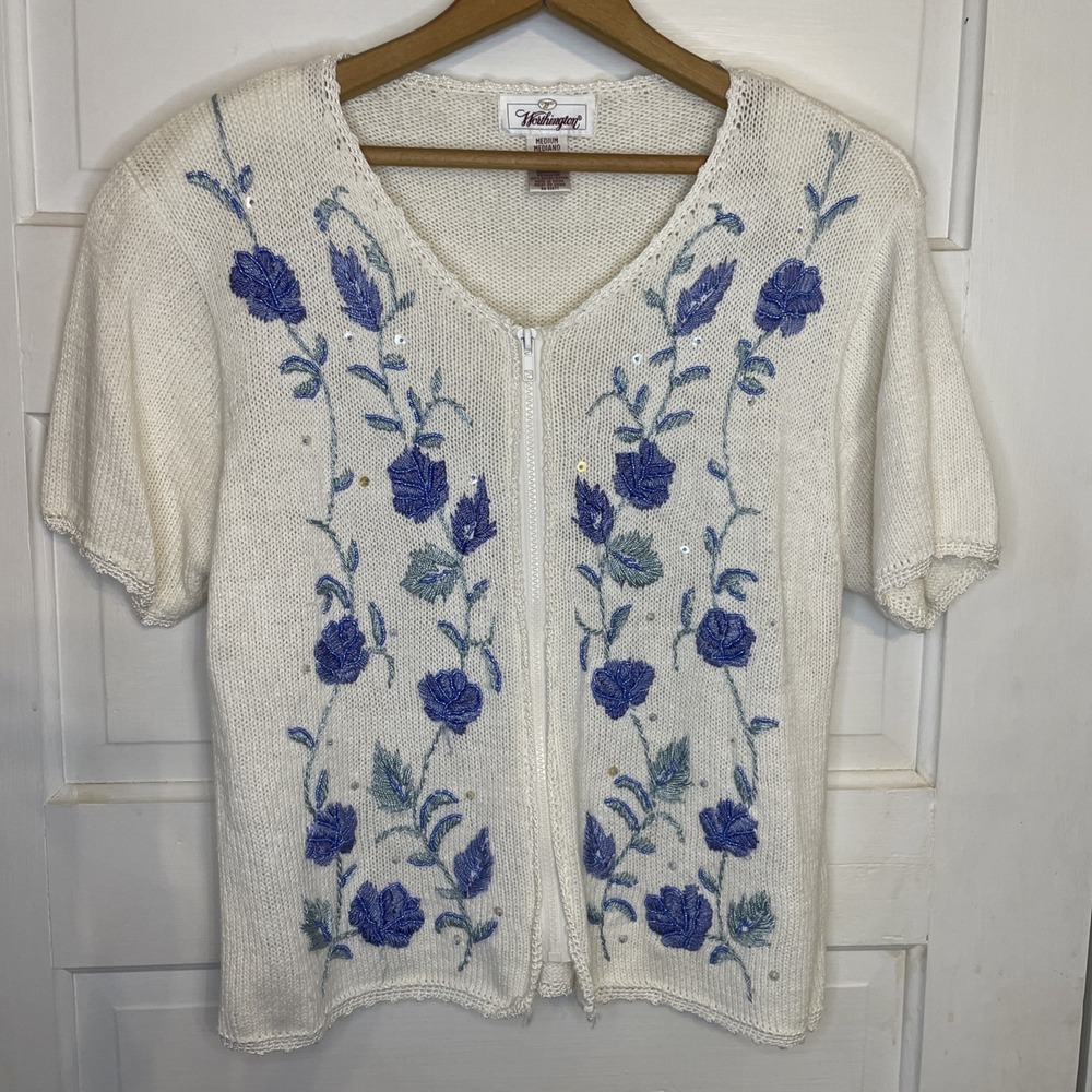 Embroidered White Sweater Flower Bead Sequin Granny Luxecore Irridescent Sheen